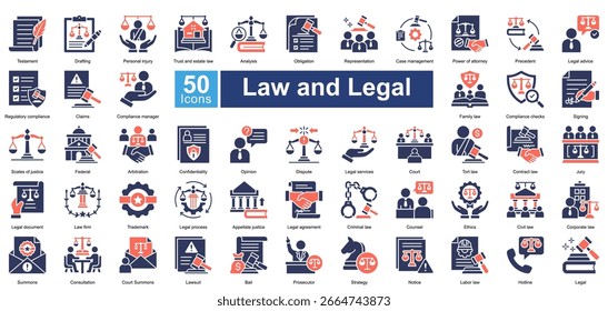 Conjunto de ícones de Direito e Jurídico contendo 50 ícones, incluindo, testamento, redação, lesão pessoal, confiança e direito imobiliário, análise, obrigação, representação, gestão de casos, vetores simples.