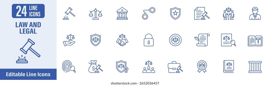 Conjunto de ícones Lei e Legal. Contém ícones como lei, justiça, jurídico, tribunal, juiz, criminal e muito mais. Ilustração vetorial.