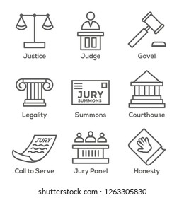 Law & Legal Icon Set with Judge, Jury, and Judicial icons