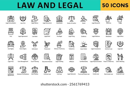 Law and Legal icons set with legal consultation, law firm advice, document, courtroom, scales of justice, gavel, research, attorney, judge icon. Simple line vector 
