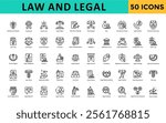 Law and Legal icons set with intellectual property, trademark, patent law, legal rights, document signing, plea bargain, bail, compliance check, legal hotline icon. Simple line vector 
