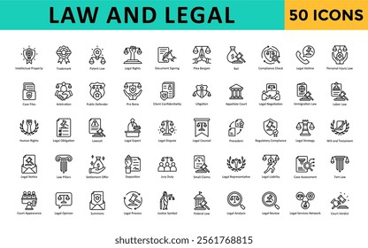 Law and Legal icons set with intellectual property, trademark, patent law, legal rights, document signing, plea bargain, bail, compliance check, legal hotline icon. Simple line vector 
