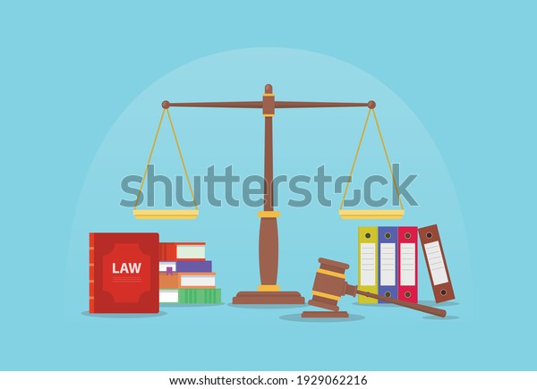 law and legal justice concept with\
scales and gavel judge and books with modern flat\
style