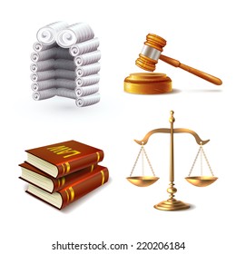 Law legal justice icons set with judge wig gavel books and scales isolated vector illustration