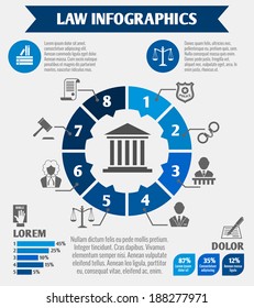 Law legal justice infographics with charts diagrams and legislation elements vector illustration