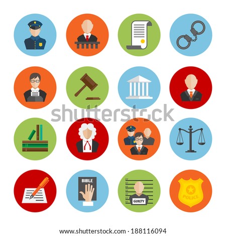 Law legal justice judge and legislation flat icons set isolated vector illustration