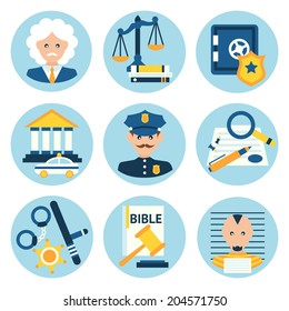 Law legal justice judge police and legislation icons set isolated vector illustration