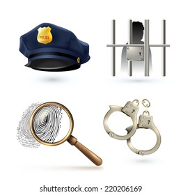 Law legal justice police icons set with officer hat handcuffs fingerprints isolated vector illustration