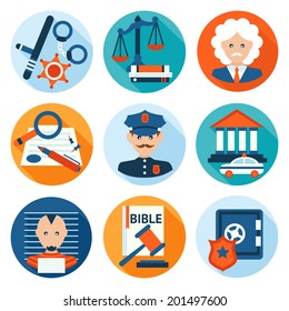 Law legal justice police investigation and legislation flat icons set isolated vector illustration.