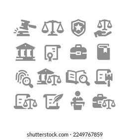 Law, legal and justice vector icon set. Courthouse, court of law, scales filled icons.