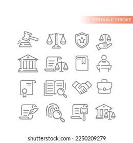 Law, legal and justice vector line icon set. Courthouse, court of law, scales outlined icons.