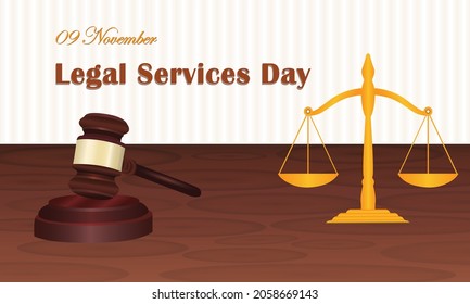 Concepto de servicios jurídicos y jurídicos. El 9 de noviembre el Tribunal Supremo de la India celebra el día de los servicios jurídicos nacionales desde 1995. Servicios legales día hermoso diseño de pancartas vectoriales. fondo claro.