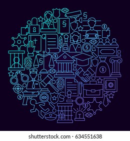 Law Line Icon Circle Concept. Vector Illustration of Attorney and Lawyer Objects.