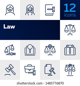Law Line Icon Set. Set Of Line Icons On White Background. Scale, Advocate, Judge. Law Concept. Vector Illustration Can Be Used For Topics Like