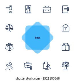 Law Line Icon Set. Set Of Line Icons On White Background. Judgement, Portfolio, Bag. Federal Service Concept. Vector Illustration Can Be Used For Topics Like Crime, Punishment, Detective