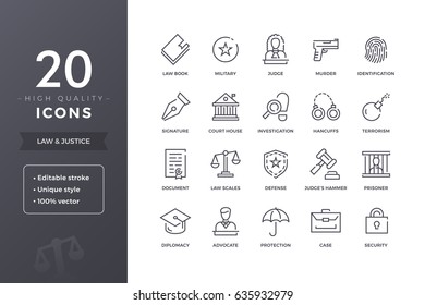 Law line icons. Vector justice and legal icon set with editable stroke