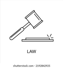 Lineares gesetzliches Symbol. Lineare Ikone des Rechtshammer mit Ständer. Schwarze, einfache Illustration der Gerichtsverhandlung, der Beilegung von Rechtsstreitigkeiten, des Urteils. Contour einzeln auf weißem Hintergrund