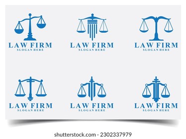 Law logo collection. Law office logotypes set. Symbols of legal centers or law advocates. Scales of justice icons