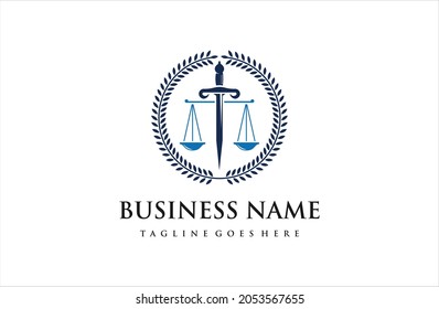 Law Logo design with sword, wreath symbol vector design. Perfect for for law firm, company, lawyer or attorney office logo.