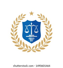 Law logo template design with a laurel wreath and shield. Legal concept badge. Justice creative sign. Vector illustration. 