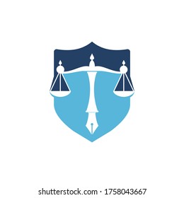 Logo vectorial de la ley con equilibrio judicial simbólico de la escala de la justicia en un bolígrafo. Vector de logotipo para la ley, los tribunales, los servicios de justicia y las empresas. 