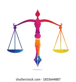 Law logo vector with judicial balance symbolic of justice scale in a pen nib. Logo vector for law, court, justice services and firms.