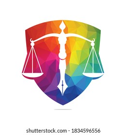 Law logo vector with judicial balance symbolic of justice scale in a pen nib. Shield Balance with Pen Nib vector template design.