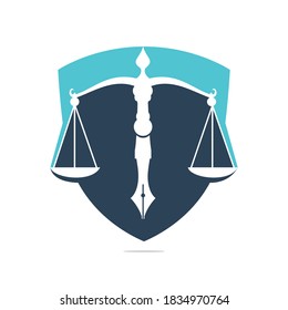 Law logo vector with judicial balance symbolic of justice scale in a pen nib. Shield Balance with Pen Nib vector template design.