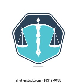 Logo vectorial de la ley con equilibrio judicial simbólico de la escala de la justicia en un bolígrafo. Vector de logotipo para la ley, los tribunales, los servicios de justicia y las empresas.