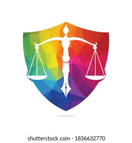 Logo vectorial de la ley con equilibrio judicial simbólico de la escala de la justicia en un bolígrafo. Balance de escudo con diseño de plantilla vectorial Pen Nib.