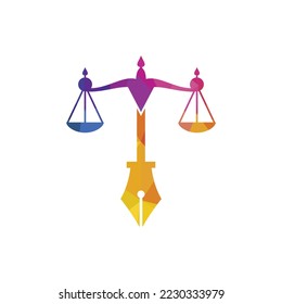 Law logo vector with judicial balance symbolic of justice scale in a pen nib. Logo vector for law, court, justice services and firms. 