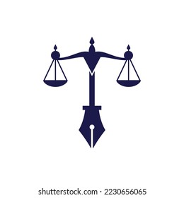 Logo vectorial de la ley con equilibrio judicial simbólico de la escala de la justicia en un bolígrafo. Vector de logotipo para la ley, los tribunales, los servicios de justicia y las empresas. 