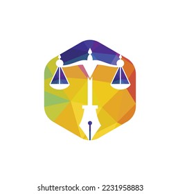 Law logo vector with judicial balance symbolic of justice scale in a pen nib. Logo vector for law, court, justice services and firms. 