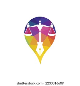 Law logo vector with judicial balance symbolic of justice scale in a pen nib. Logo vector for law, court, justice services and firms. 
