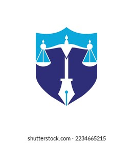 Logo vectorial de la ley con equilibrio judicial simbólico de la escala de la justicia en un bolígrafo. Vector de logotipo para la ley, los tribunales, los servicios de justicia y las empresas. 