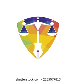Law logo vector with judicial balance symbolic of justice scale in a pen nib. Logo vector for law, court, justice services and firms. 