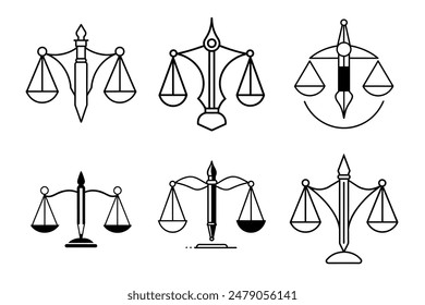 Vector Del Logotipo De La Ley Con El Equilibrio Judicial Simbólico De La Escala De La Justicia En Un Bolígrafo Vector Del Logotipo De La Pluma Para Los Servicios Y Las Firmas De Justicia De La Corte De La Ley