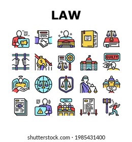 Law Notary Advising Collection Icons Set Vector. Law Advisor And Agreement, Government Building, Court And Tribunal, Constitution And Crime Concept Linear Pictograms. Contour Color Illustrations