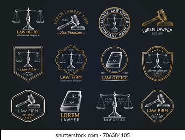 Law office hand drawn logotypes set with scales of justice, gavel etc illustrations. Vector vintage attorney, advocate labels, juridical firm badges collection. Act, principle, legal icons design.