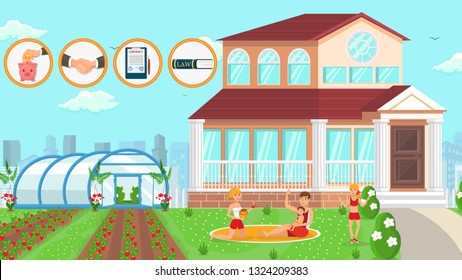 Law Office Helps Draw Up Documents Arrange Vector Flat Business. Saving Conclusion Contract and Signing Document Seal House. Young Family Children Own Greenhouse Vegetable Garden Vegetables Garden.