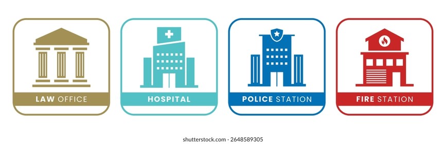 Law Office, Hospital, Police Station, Fire Station icon set illustration vector. Inside Square