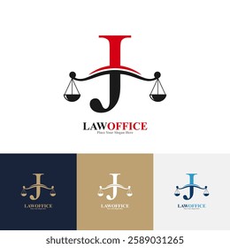 Law office letter J logo design vector. Suitable for lawyer, justice, law attorney, legal, lawyer service, scale, law firm, initial and label poster  