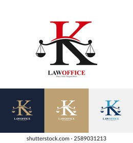 Law office letter K logo design vector. Suitable for lawyer, justice, law attorney, legal, lawyer service, scale, law firm, initial and label poster  