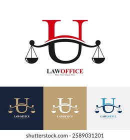 Law office letter U logo design vector. Suitable for lawyer, justice, law attorney, legal, lawyer service, scale, law firm, initial and label poster  