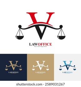 Law office letter V logo design vector. Suitable for lawyer, justice, law attorney, legal, lawyer service, scale, law firm, initial and label poster  