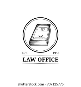 Law office logo with code illustration. Vector vintage attorney, advocate label, juridical firm badge. Act, principle, legal icon design.