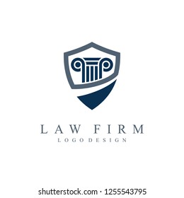 Law office logo in the form of shield and scale of justice. Vector Illustration on a White Background