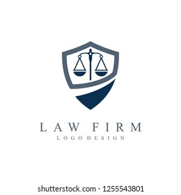 Law office logo in the form of shield and scale of justice. Vector Illustration on a White Background