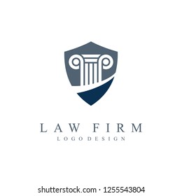 Law office logo in the form of shield and scale of justice. Vector Illustration on a White Background