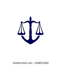 Law office logo in the form of shield with greece column and scales. The judge, Law firm Vector